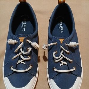 Sperry Blue Canvas Top Slide Shoes With Memory Foam White Leather Laces EUC